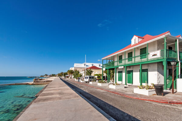 Historic colonial buildings along Front Street in Cockburn Town, Grand Turk.