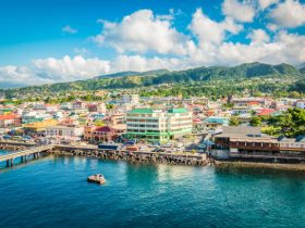 A panoramic view of Roseau, Dominica, showcasing colorful buildings along the Caribbean coastline under a bright blue sky.