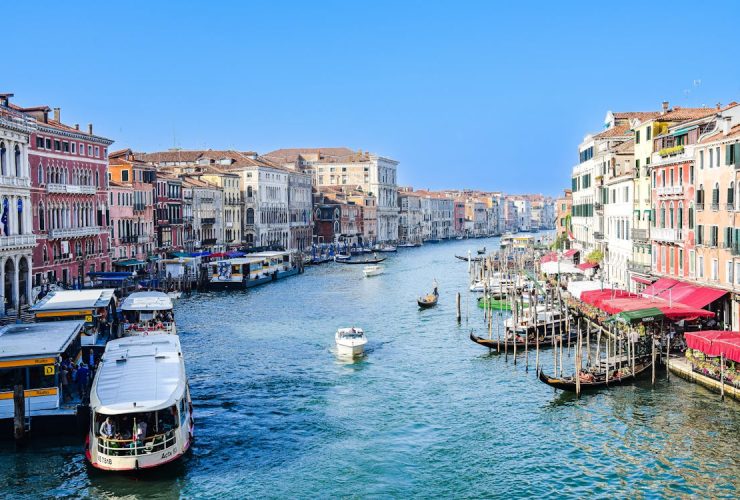 A beautiful scenic view of Venice’s canals and gondolas.