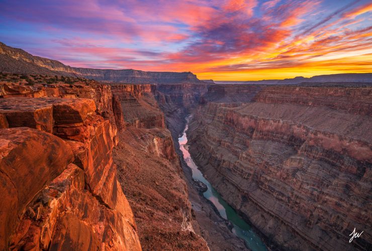 Grand Canyon sunrise landscape with the Colorado River in Arizona, USA