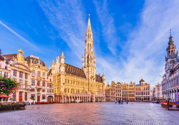Brussels Grand Place illuminated at night with historic guildhalls and cobbled square