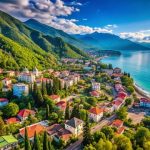 Seaside view of Gagra with palm trees, Black Sea coastline, and Caucasus Mountains in the background