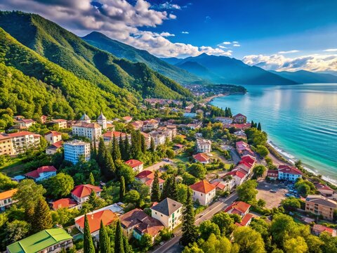Seaside view of Gagra with palm trees, Black Sea coastline, and Caucasus Mountains in the background
