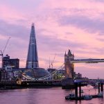 London skyline at sunset featuring iconic landmarks