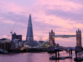 London skyline at sunset featuring iconic landmarks