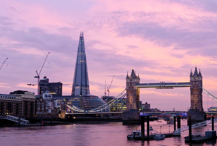 London skyline at sunset featuring iconic landmarks