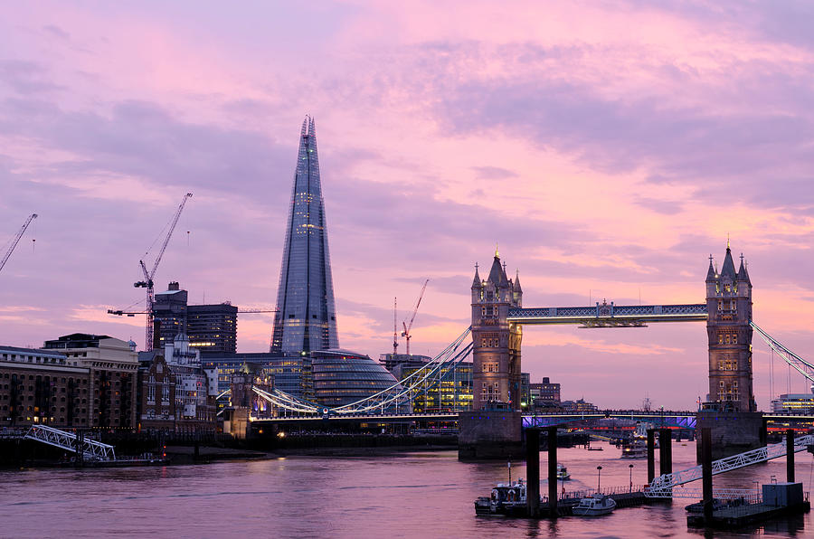 London skyline at sunset featuring iconic landmarks