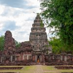 Phimai Historical Park at sunset, showcasing ancient Khmer temple architecture in Nakhon Ratchasima, Thailand