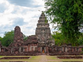 Phimai Historical Park at sunset, showcasing ancient Khmer temple architecture in Nakhon Ratchasima, Thailand