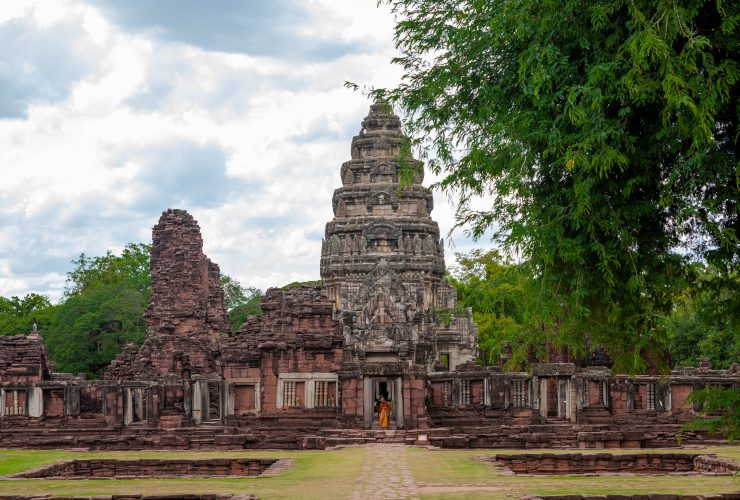 Phimai Historical Park at sunset, showcasing ancient Khmer temple architecture in Nakhon Ratchasima, Thailand